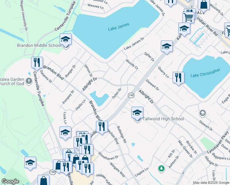map of restaurants, bars, coffee shops, grocery stores, and more near 5607 Jagger Court in Virginia Beach