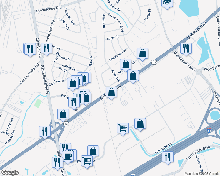map of restaurants, bars, coffee shops, grocery stores, and more near 1846 Candlelight Drive in Chesapeake