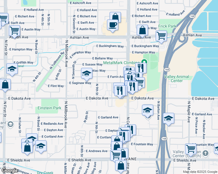 map of restaurants, bars, coffee shops, grocery stores, and more near 3847 North 10th Street in Fresno