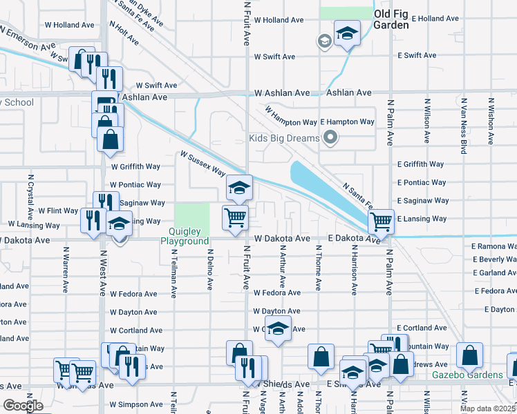 map of restaurants, bars, coffee shops, grocery stores, and more near 3840 North Fruit Avenue in Fresno