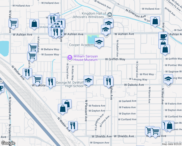map of restaurants, bars, coffee shops, grocery stores, and more near 2436 West Lansing Way in Fresno