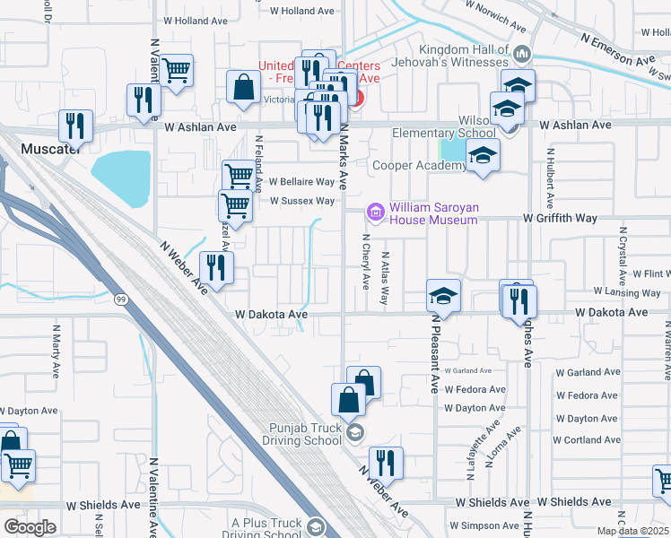 map of restaurants, bars, coffee shops, grocery stores, and more near 3456 North Marks Avenue in Fresno