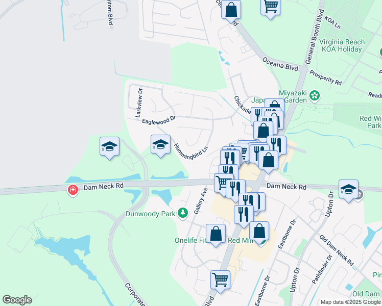 map of restaurants, bars, coffee shops, grocery stores, and more near 1550 Hummingbird Lane in Virginia Beach