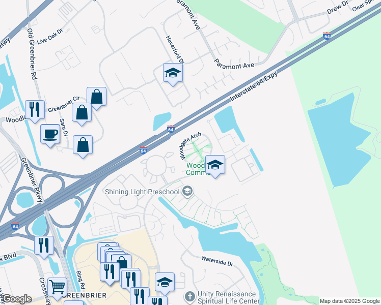 map of restaurants, bars, coffee shops, grocery stores, and more near 1803 Beckwood Common in Chesapeake