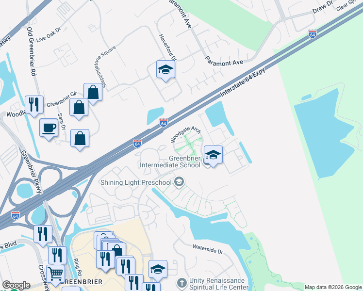 map of restaurants, bars, coffee shops, grocery stores, and more near 1803 Beckwood Common in Chesapeake