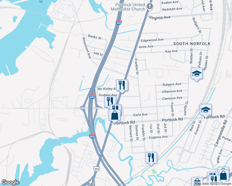 map of restaurants, bars, coffee shops, grocery stores, and more near 3815 Bainbridge Boulevard in Chesapeake