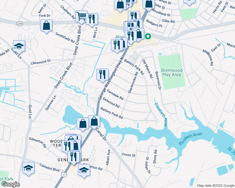 map of restaurants, bars, coffee shops, grocery stores, and more near 2320 Delwood Road in Chesapeake