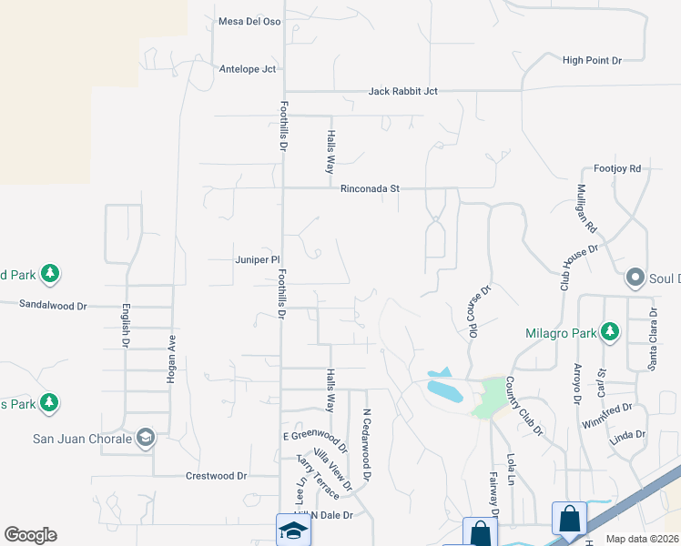 map of restaurants, bars, coffee shops, grocery stores, and more near 5800 La Luz Trail in Farmington