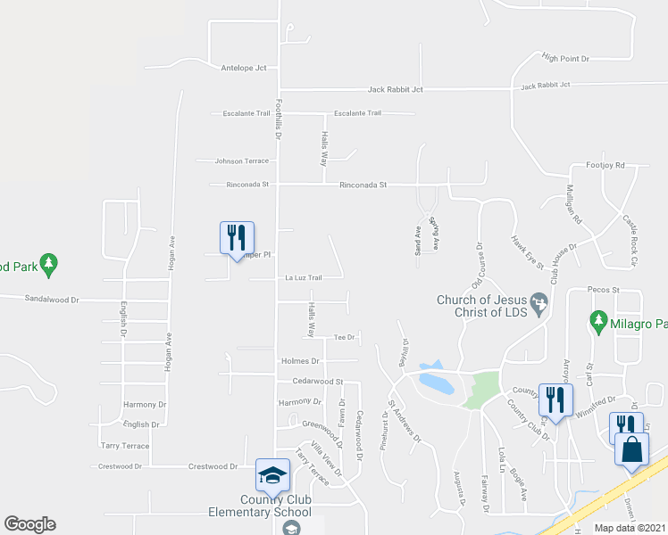 map of restaurants, bars, coffee shops, grocery stores, and more near 5800 La Luz Trail in Farmington