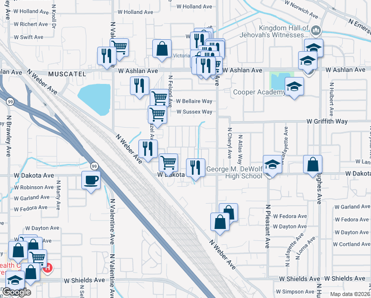 map of restaurants, bars, coffee shops, grocery stores, and more near 3043 West Andrews in Fresno