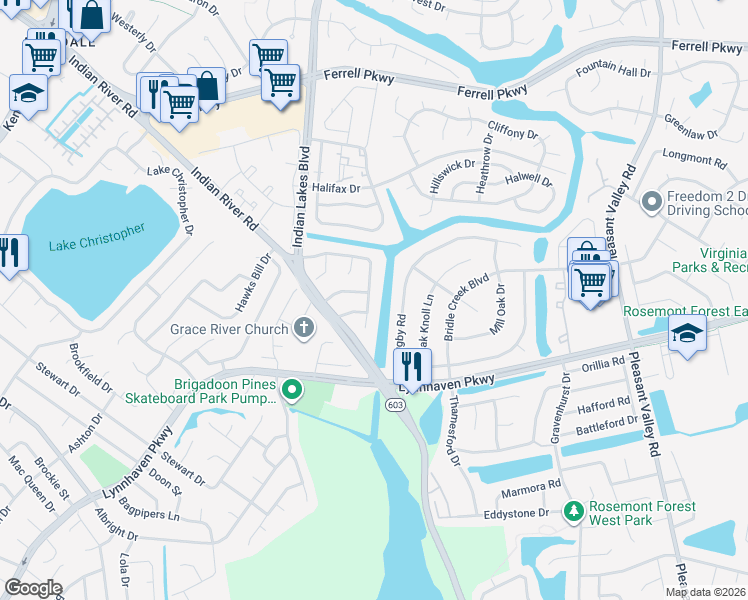 map of restaurants, bars, coffee shops, grocery stores, and more near 5122 Settlers Park Drive in Virginia Beach