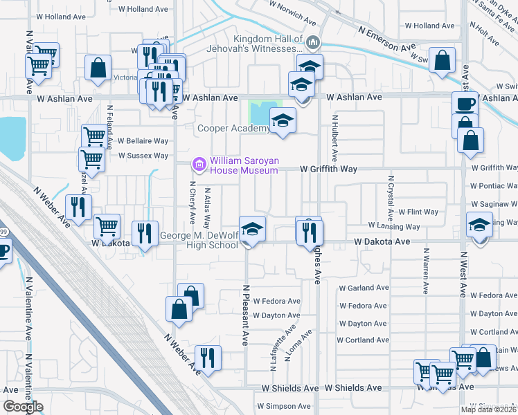 map of restaurants, bars, coffee shops, grocery stores, and more near 2436 West Lansing Way in Fresno
