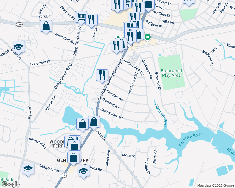 map of restaurants, bars, coffee shops, grocery stores, and more near 2320 Delwood Road in Chesapeake