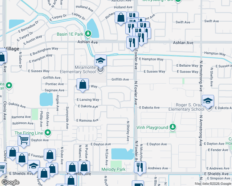 map of restaurants, bars, coffee shops, grocery stores, and more near 5936 East Pontiac Way in Fresno
