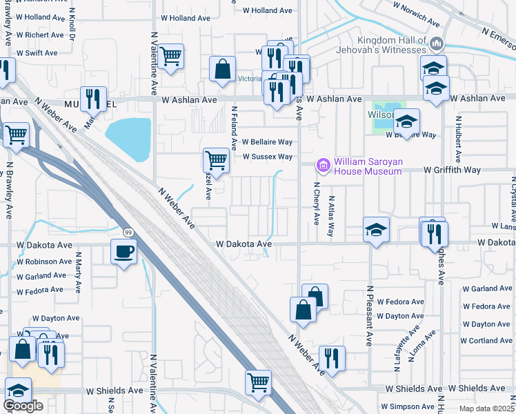 map of restaurants, bars, coffee shops, grocery stores, and more near 3138 West Dakota Avenue in Fresno