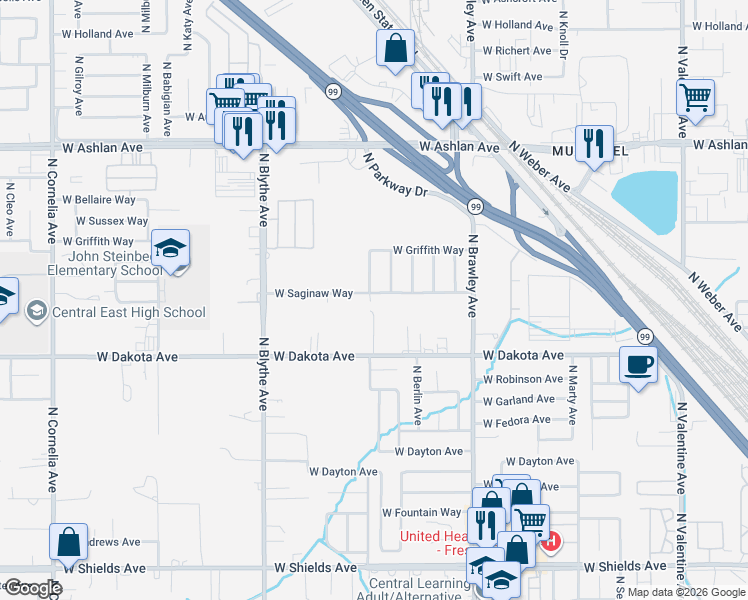 map of restaurants, bars, coffee shops, grocery stores, and more near 3546 North Brunswick Avenue in Fresno