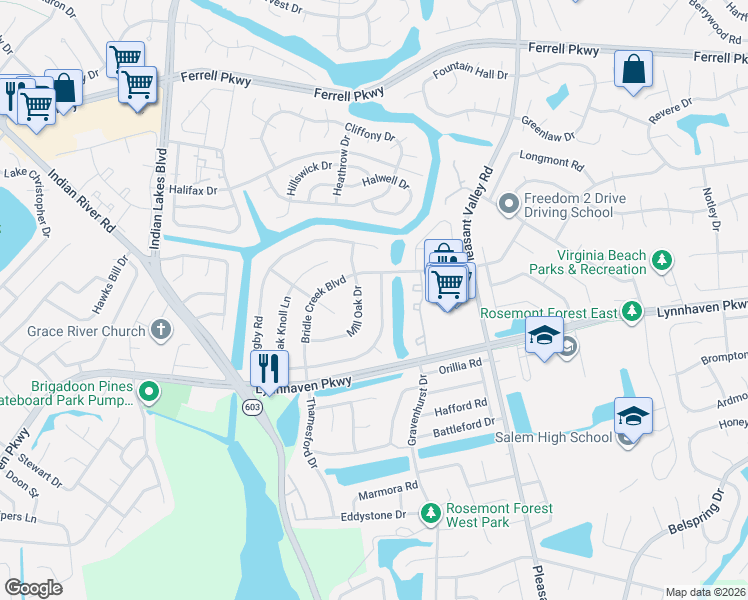 map of restaurants, bars, coffee shops, grocery stores, and more near 1428 Bridle Creek Boulevard in Virginia Beach