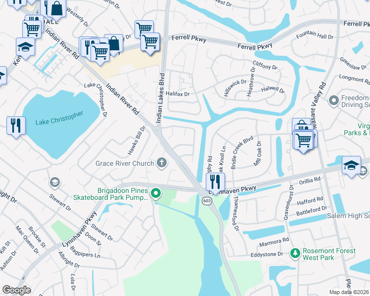 map of restaurants, bars, coffee shops, grocery stores, and more near 1616 Sudbury Court in Virginia Beach
