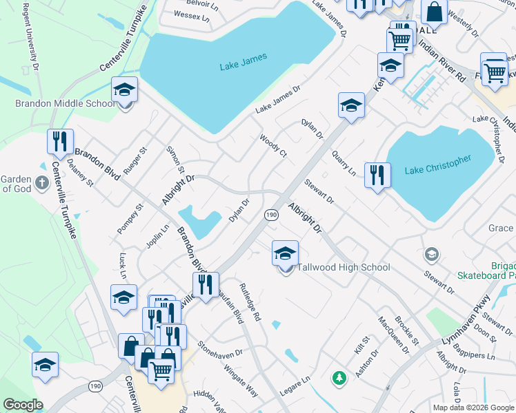 map of restaurants, bars, coffee shops, grocery stores, and more near 5613 Albright Drive in Virginia Beach