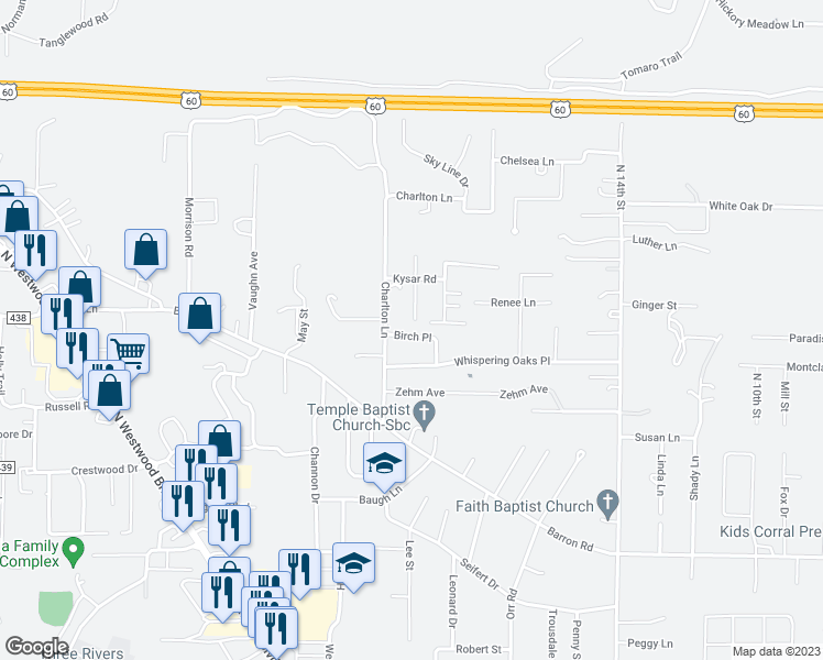 map of restaurants, bars, coffee shops, grocery stores, and more near 1837 Birch Place in Poplar Bluff