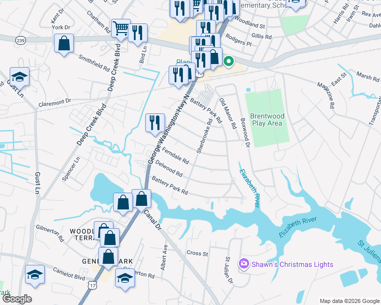 map of restaurants, bars, coffee shops, grocery stores, and more near 2312 Wildwood Road in Chesapeake
