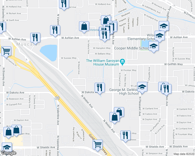 map of restaurants, bars, coffee shops, grocery stores, and more near 3043 West Andrews in Fresno