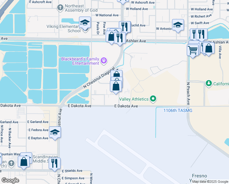 map of restaurants, bars, coffee shops, grocery stores, and more near 4972 East Pontiac Way in Fresno