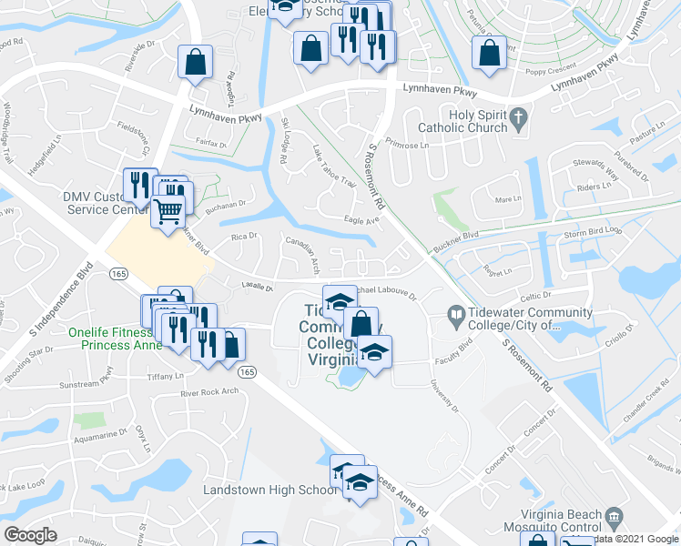 map of restaurants, bars, coffee shops, grocery stores, and more near 3516 Argo Court in Virginia Beach