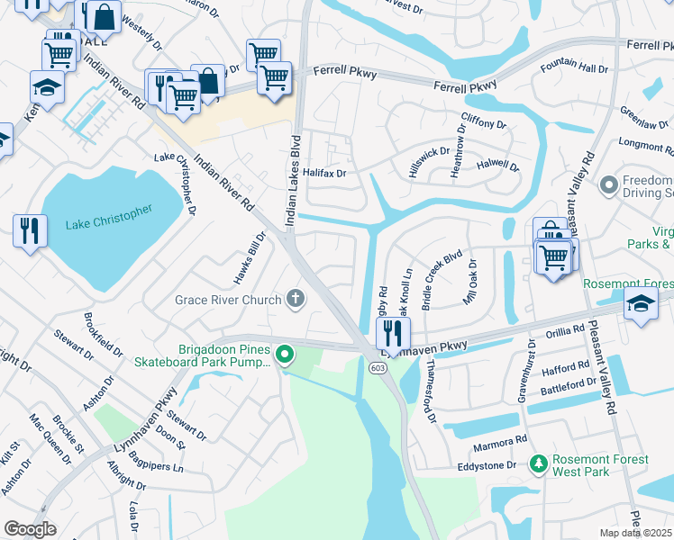 map of restaurants, bars, coffee shops, grocery stores, and more near 5217 Westhaven Crescent in Virginia Beach