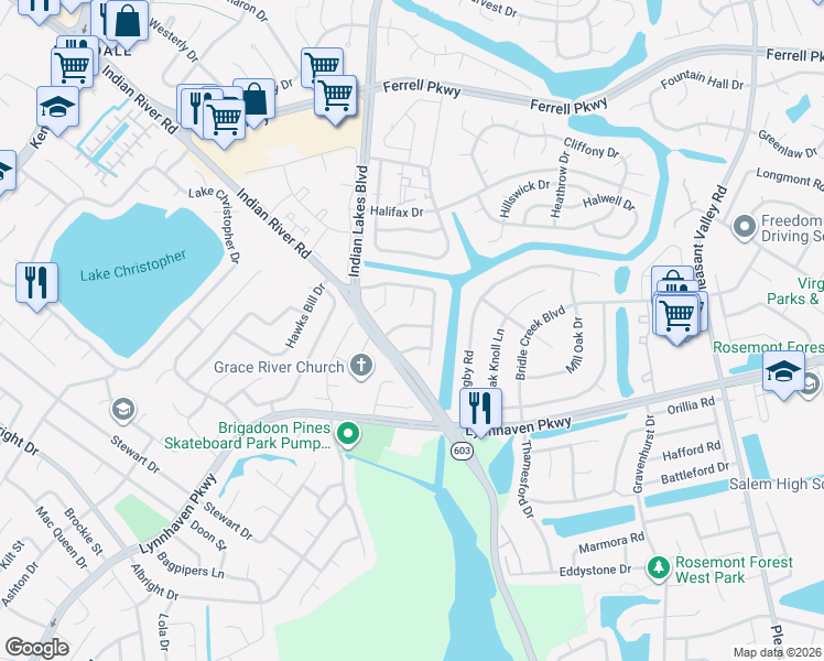 map of restaurants, bars, coffee shops, grocery stores, and more near 1616 Sudbury Court in Virginia Beach