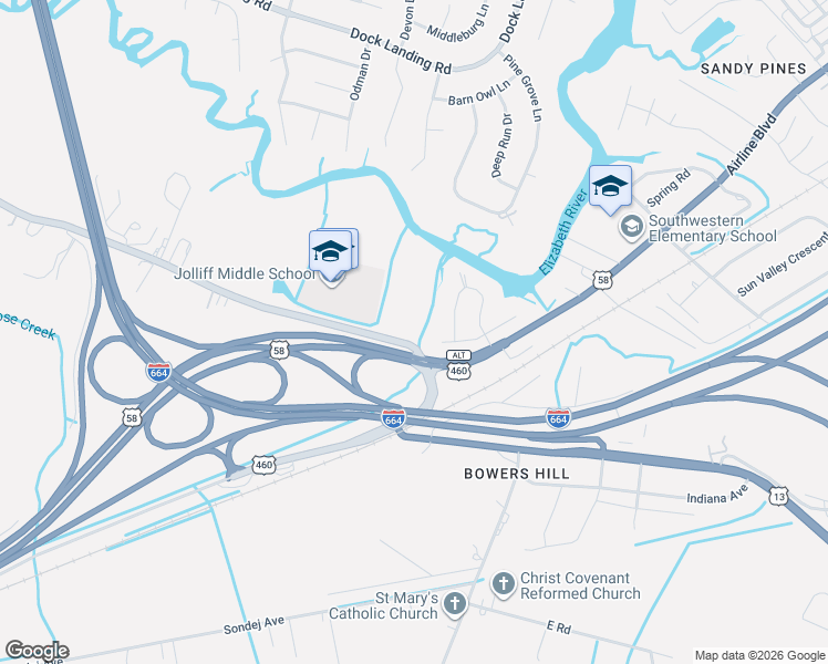 map of restaurants, bars, coffee shops, grocery stores, and more near 819-871 Jolliff Road in Chesapeake
