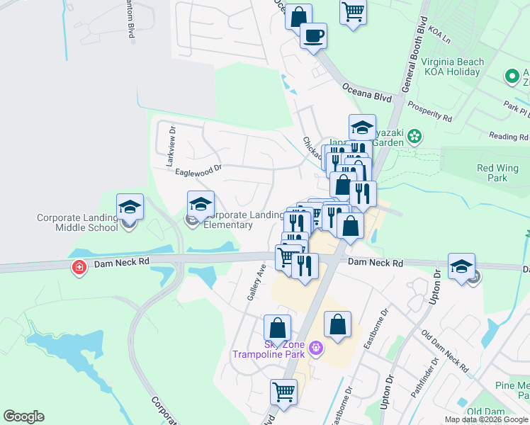 map of restaurants, bars, coffee shops, grocery stores, and more near 1519 Hummingbird Lane in Virginia Beach