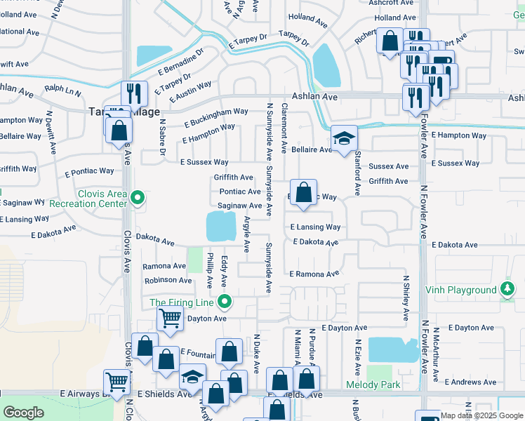 map of restaurants, bars, coffee shops, grocery stores, and more near 1374 Saginaw Avenue in Clovis