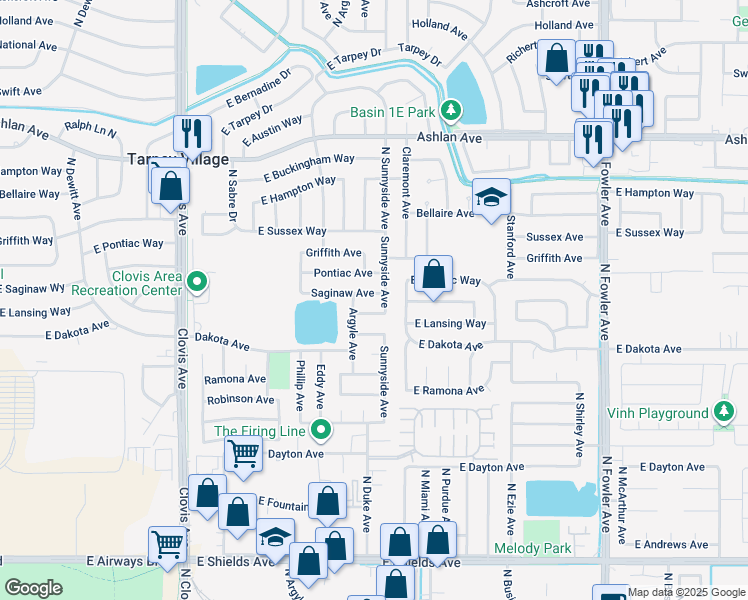 map of restaurants, bars, coffee shops, grocery stores, and more near 1374 Saginaw Avenue in Clovis