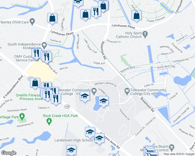 map of restaurants, bars, coffee shops, grocery stores, and more near 3415 Norfeld Court in Virginia Beach