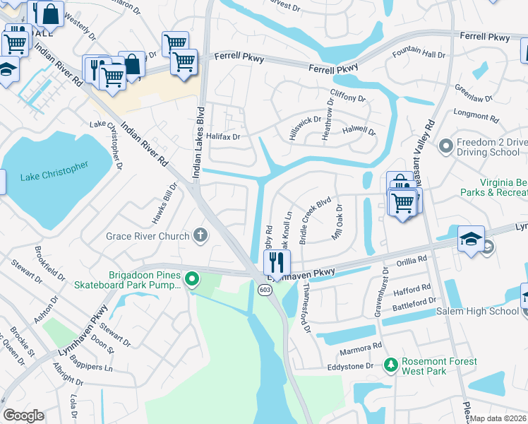 map of restaurants, bars, coffee shops, grocery stores, and more near 4964 Rugby Road in Virginia Beach