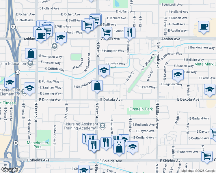 map of restaurants, bars, coffee shops, grocery stores, and more near 3226 East Saginaw Way in Fresno