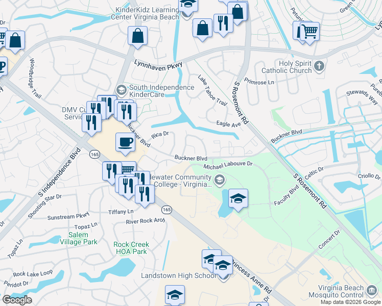 map of restaurants, bars, coffee shops, grocery stores, and more near 1435 Canadian Court in Virginia Beach