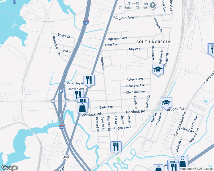 map of restaurants, bars, coffee shops, grocery stores, and more near 3795 Franklin Street in Chesapeake