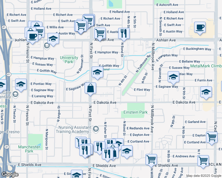 map of restaurants, bars, coffee shops, grocery stores, and more near 3333 East Saginaw Way in Fresno
