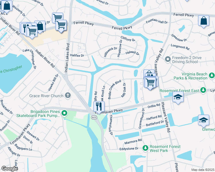 map of restaurants, bars, coffee shops, grocery stores, and more near 1422 Oak Knoll Court in Virginia Beach