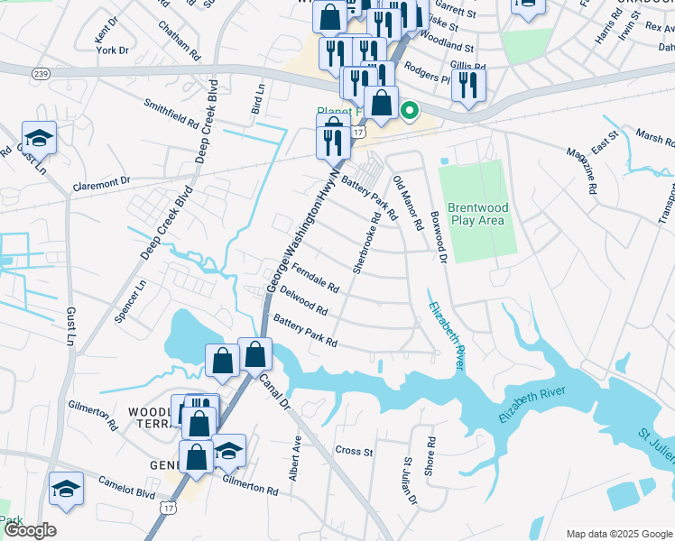 map of restaurants, bars, coffee shops, grocery stores, and more near 2309 Wildwood Road in Chesapeake