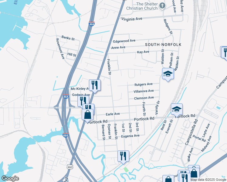 map of restaurants, bars, coffee shops, grocery stores, and more near 3795 Franklin Street in Chesapeake
