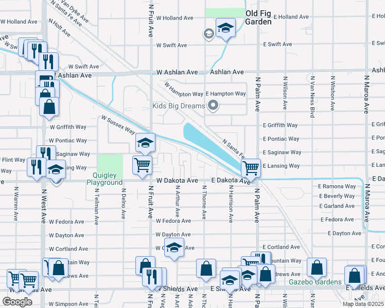 map of restaurants, bars, coffee shops, grocery stores, and more near 136 West Saginaw Way in Fresno