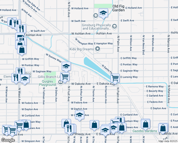 map of restaurants, bars, coffee shops, grocery stores, and more near 202 West Dakota Avenue in Fresno