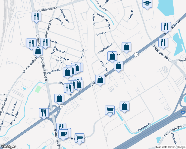 map of restaurants, bars, coffee shops, grocery stores, and more near 1910 Candlelight Drive in Chesapeake