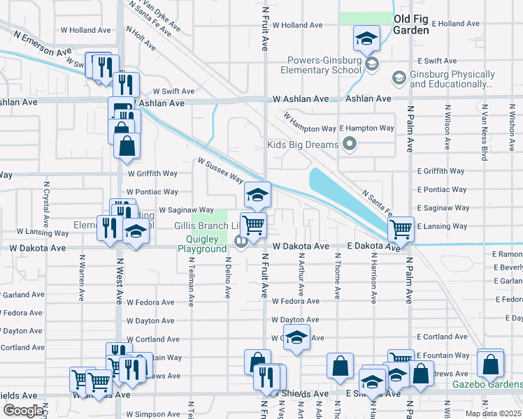 map of restaurants, bars, coffee shops, grocery stores, and more near 525 West Saginaw Way in Fresno