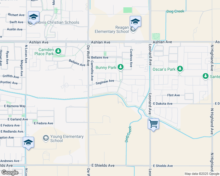 map of restaurants, bars, coffee shops, grocery stores, and more near 3506 Saginaw Avenue in Clovis
