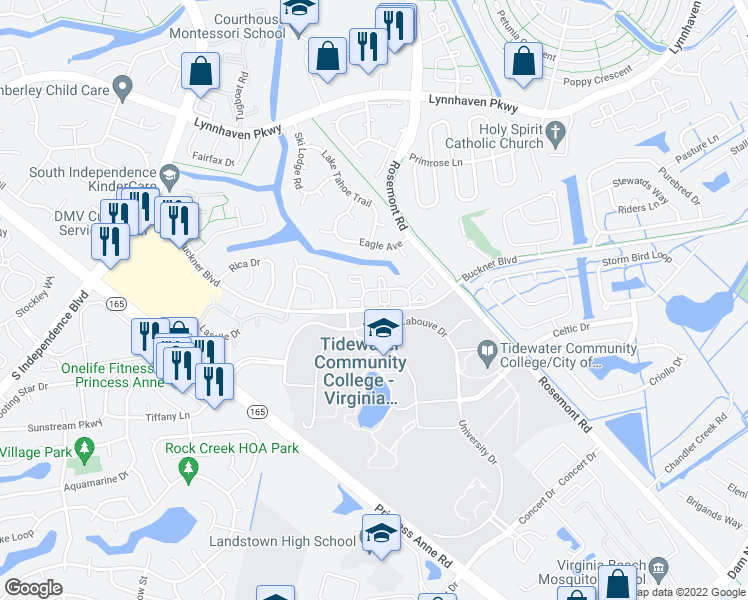 map of restaurants, bars, coffee shops, grocery stores, and more near 3564 Brigita Court in Virginia Beach