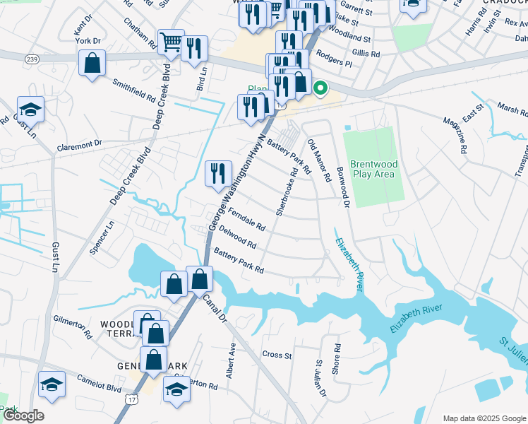 map of restaurants, bars, coffee shops, grocery stores, and more near 2309 Wildwood Road in Chesapeake